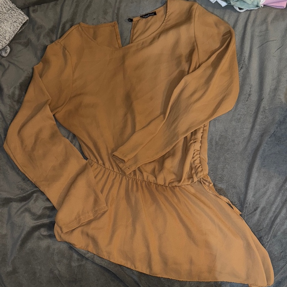 Brown Sheath Dress with Long Bishop Sleeves for Casual Work